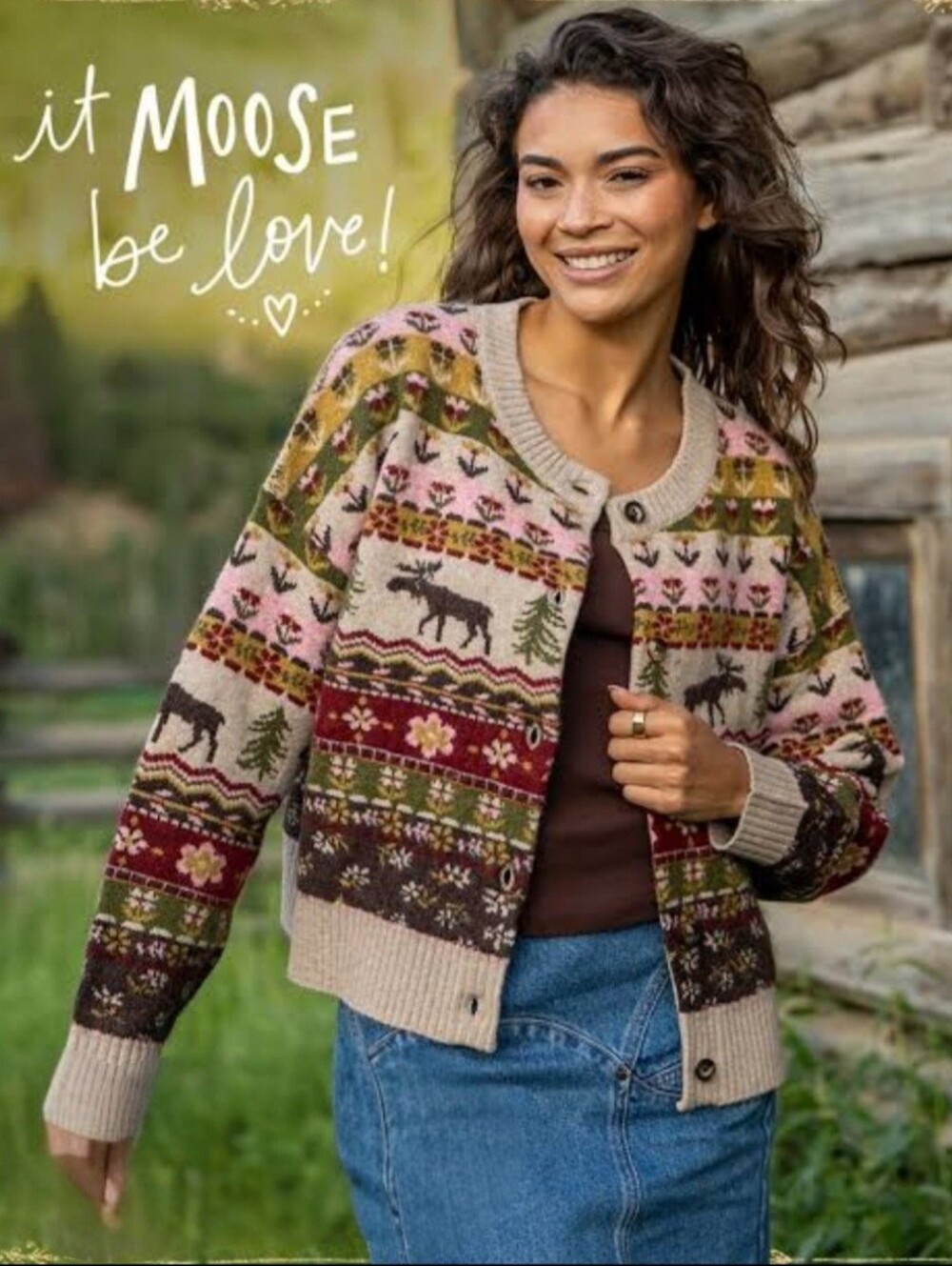 Natural Life Cottagecore Moose Fair Isle Jacquard Cardigan Sweater Large